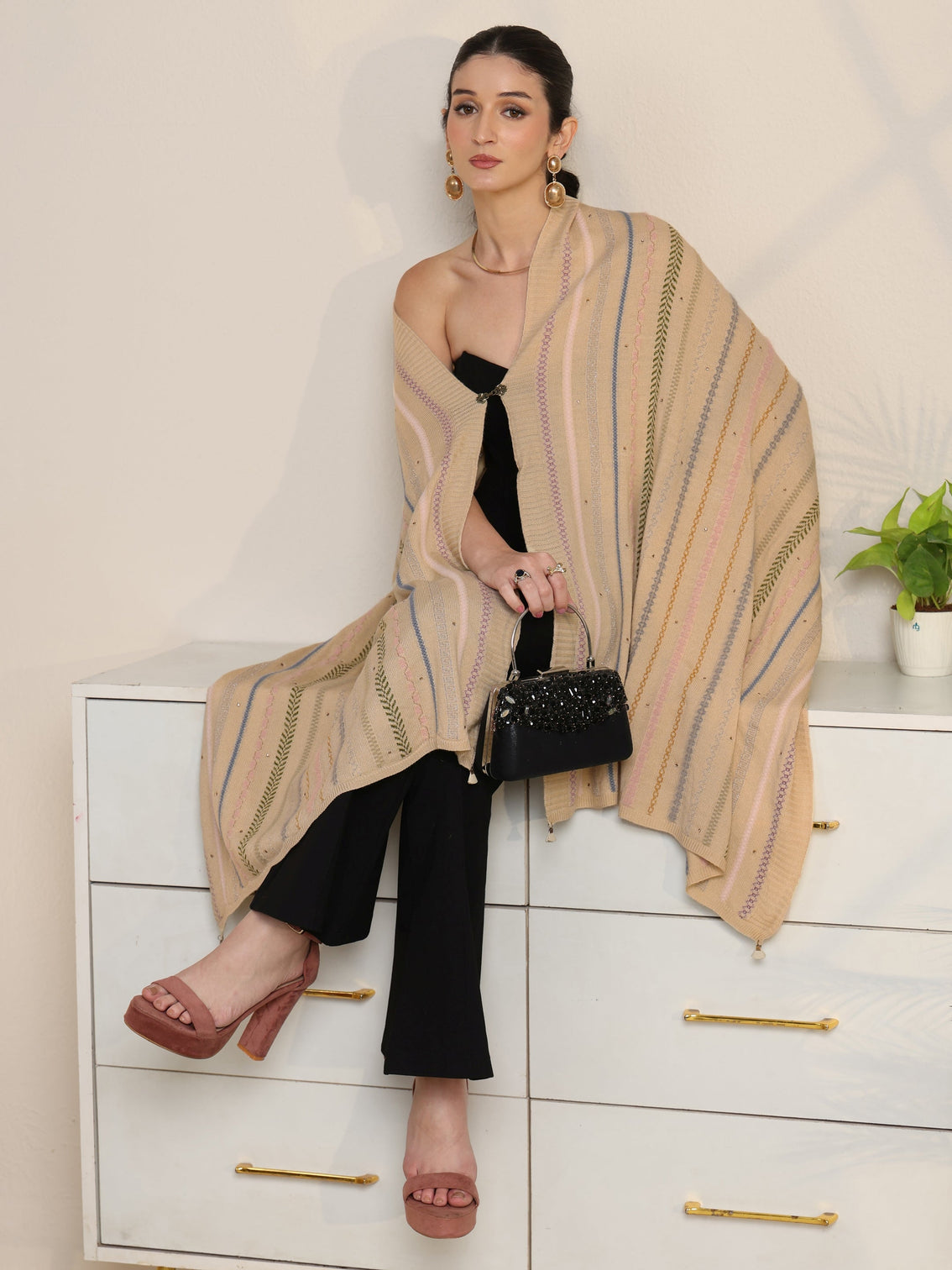 Mameraa Beige Ethnic Striped Knitted Acrylic Wrap Shawl