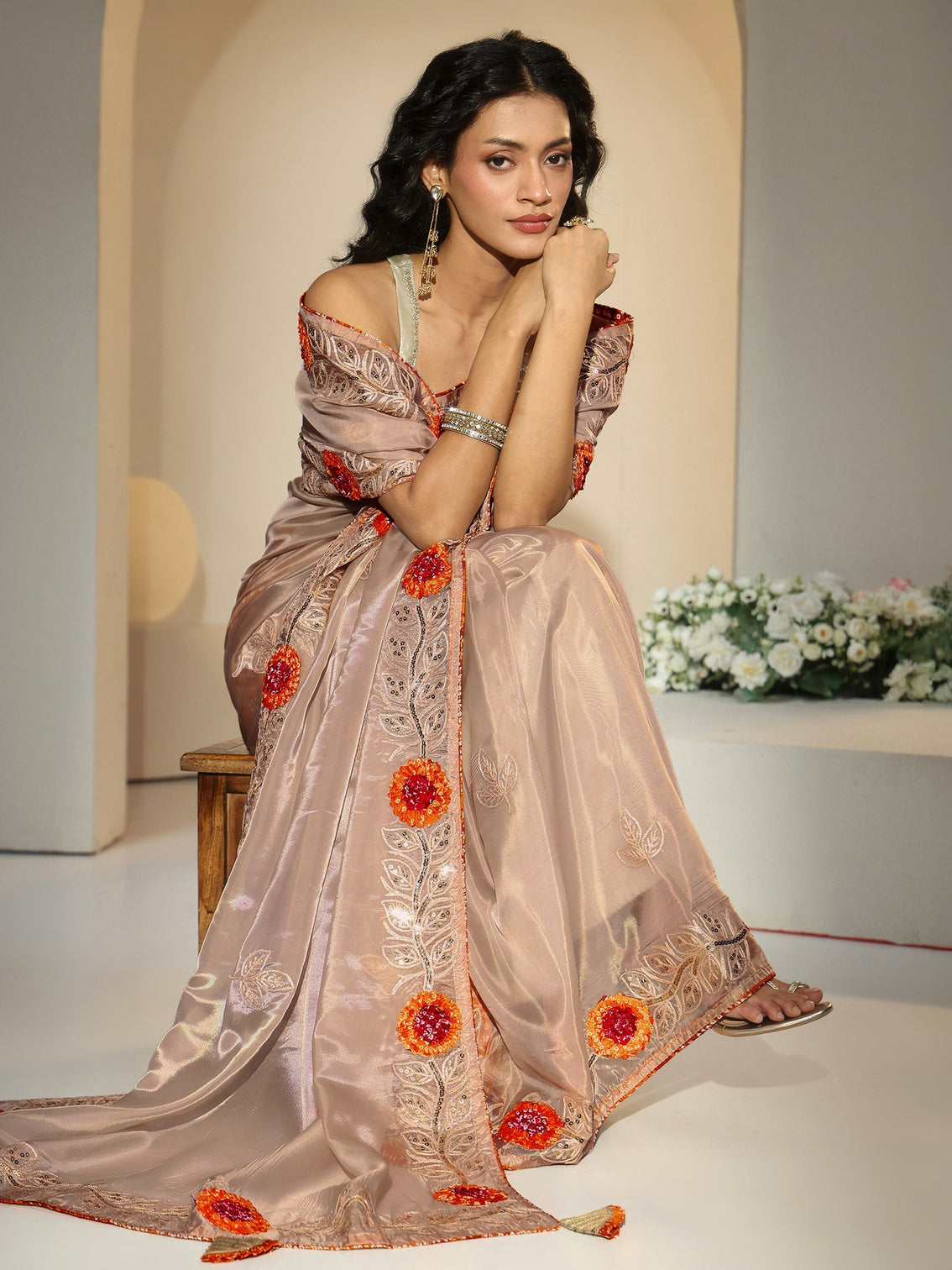 Mameraa Beige Floral Embellished Tissue Saree