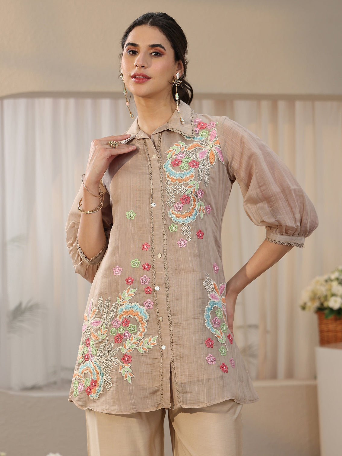 Mameraa Beige Floral Embroidered Chanderi Cotton Co-Ord Set