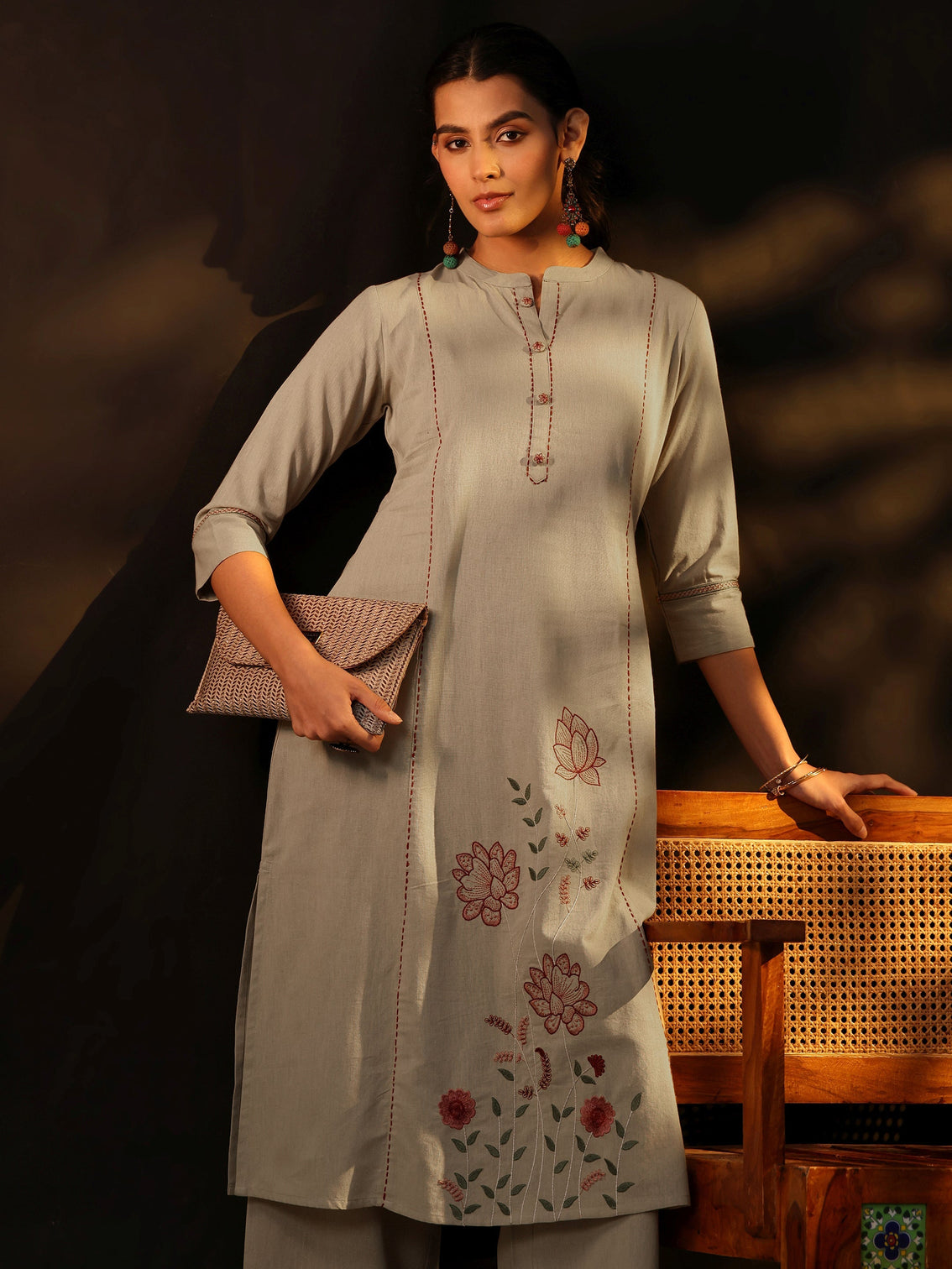 Mameraa Beige Floral Embroidered Cotton Co-Ord Set
