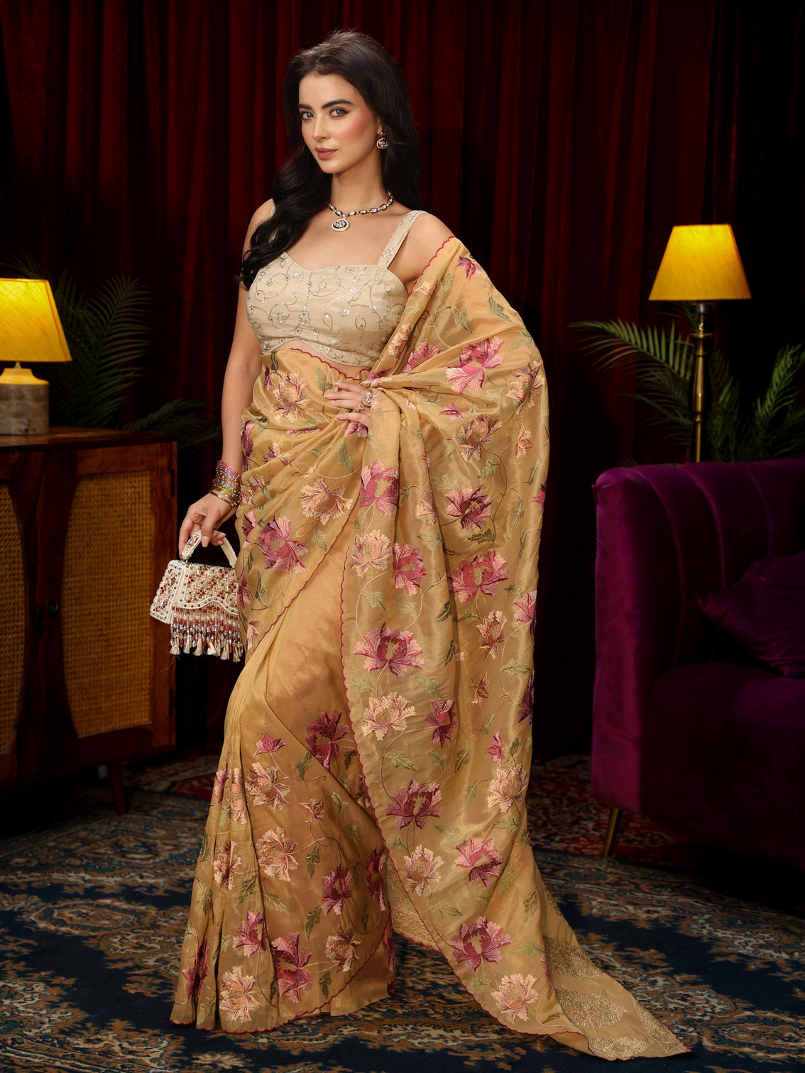 Mameraa Beige Floral Embroidered Organza Saree