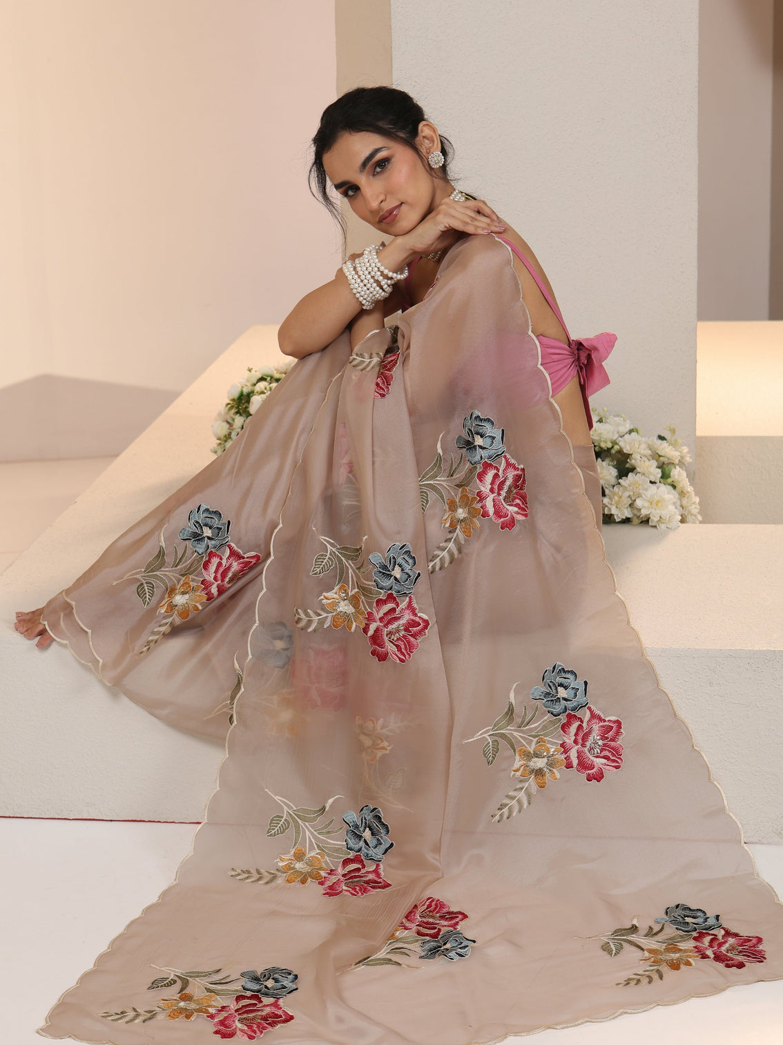 Mameraa Beige Floral Embroidered Tissue Saree with Scalloped Border