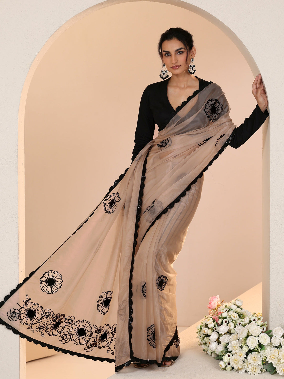 Mameraa Beige Floral Embroidered Tissue Saree with Scalloped Border