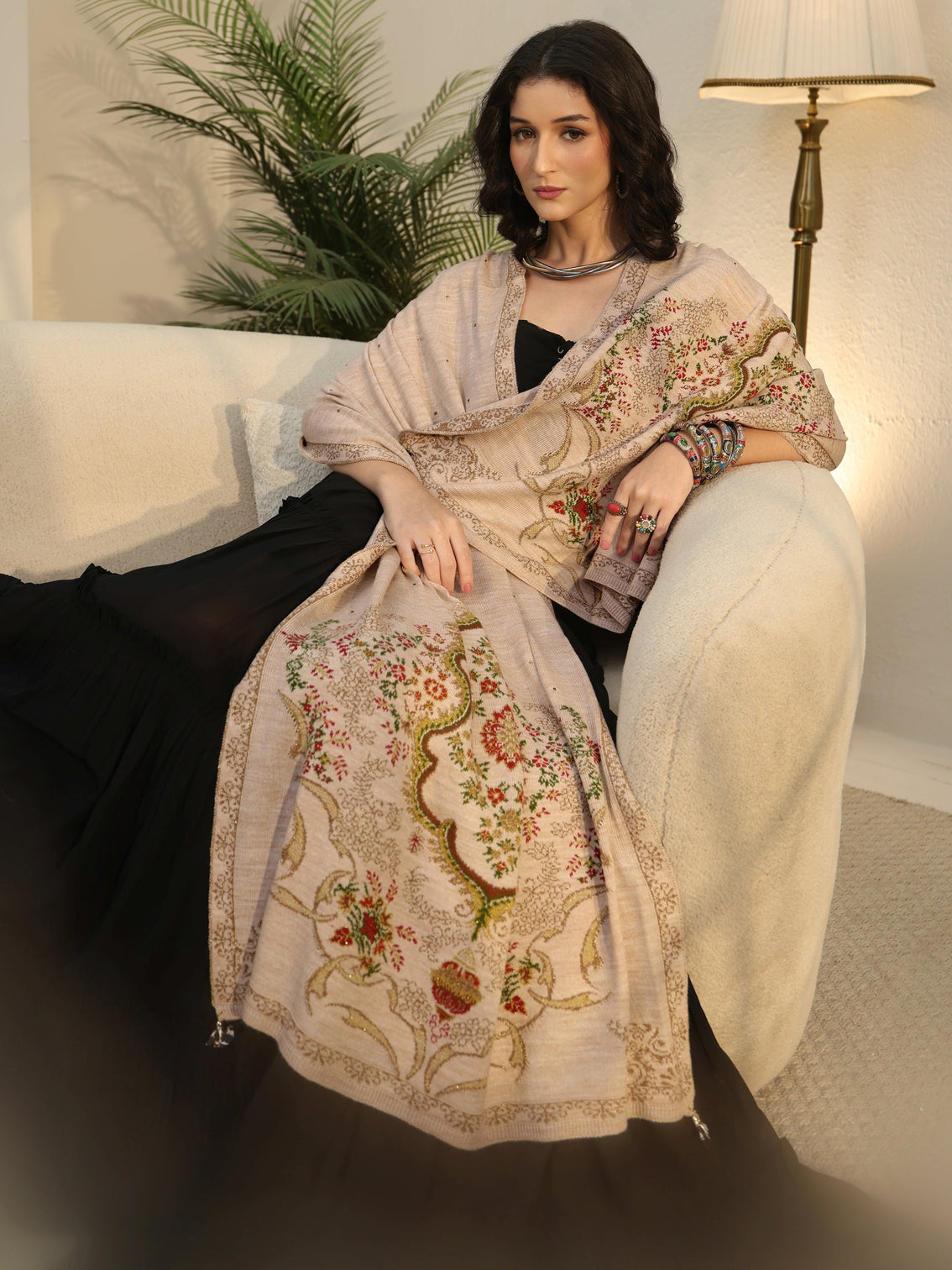 Mameraa Beige Floral Knitted Acrylic Wrap Shawl
