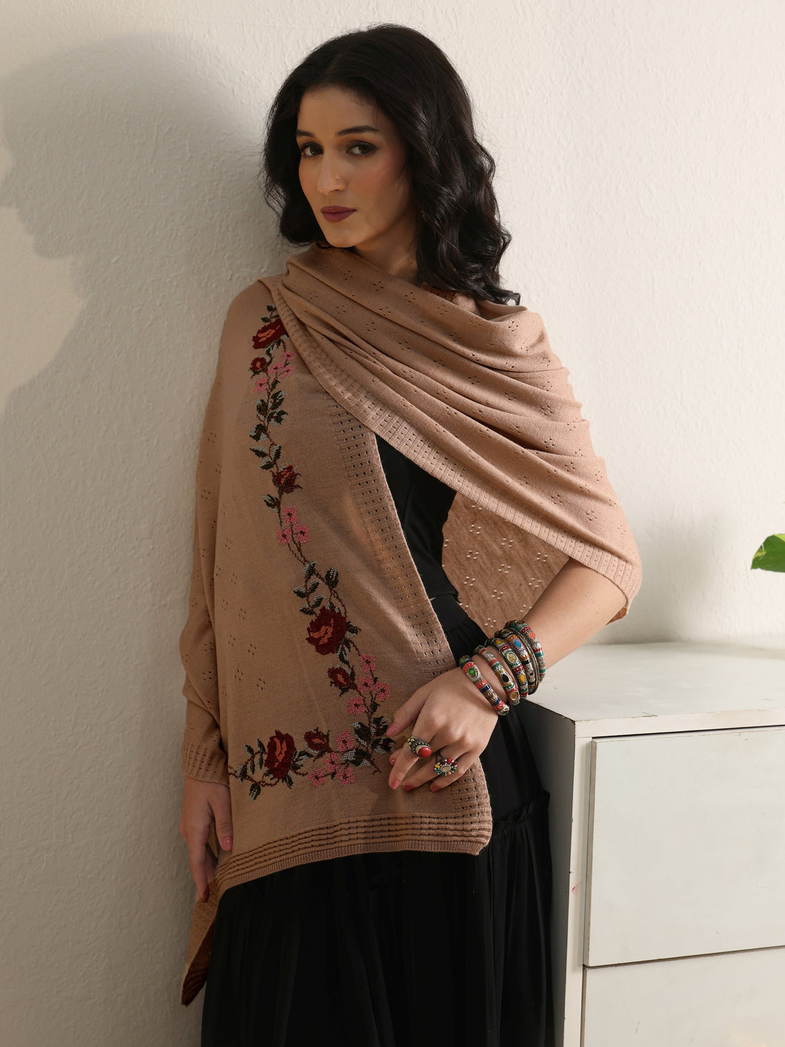 Mameraa Beige Floral Knitted Acrylic Wrap Shawl