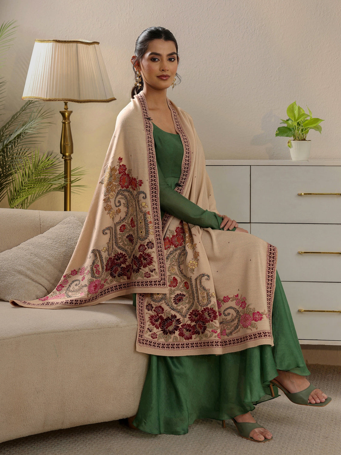 Mameraa Beige Floral Knitted Acrylic Wrap Shawl
