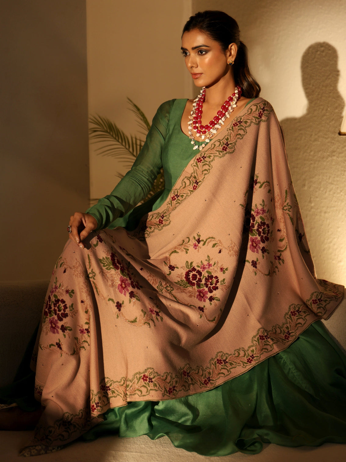 Mameraa Beige Floral Knitted Acrylic Wrap Shawl