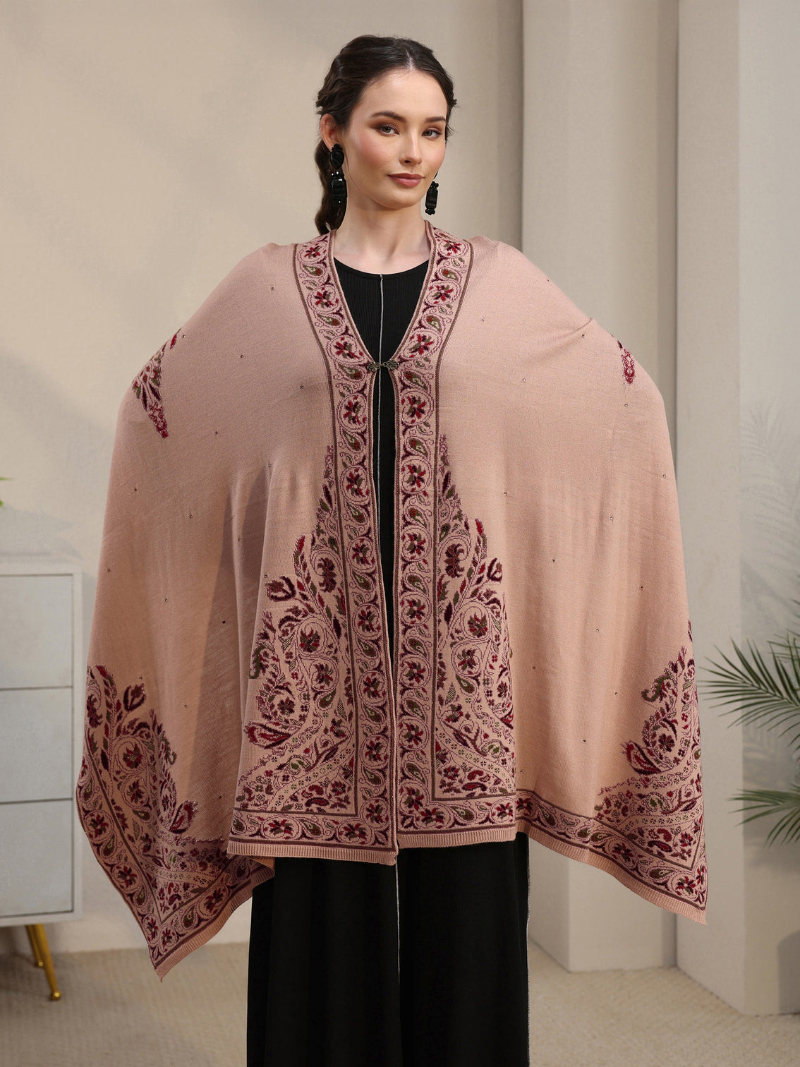 Mameraa Beige Floral Knitted Acrylic Wrap Shawl