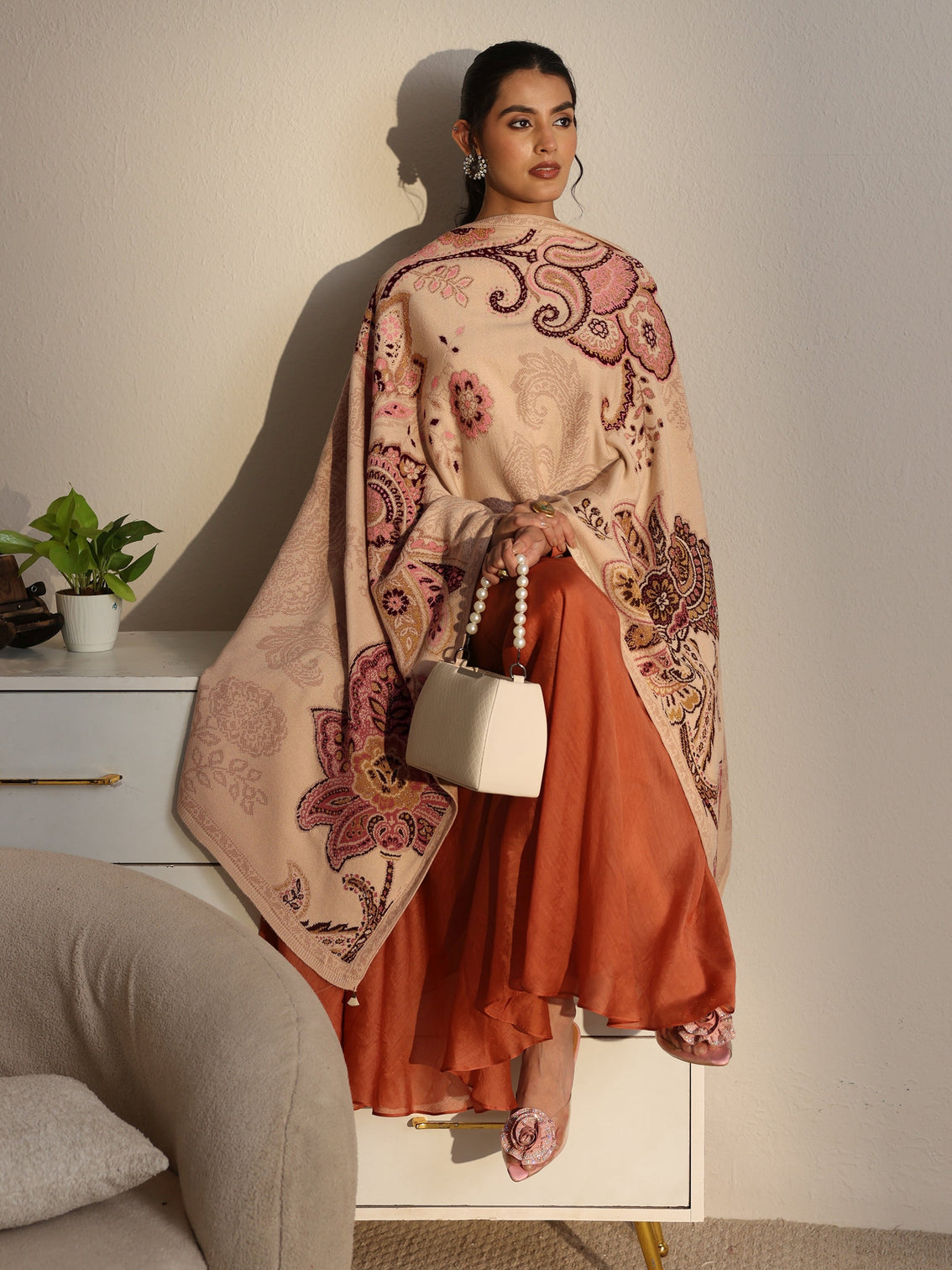 Mameraa Beige Floral Knitted Acrylic Wrap Shawl