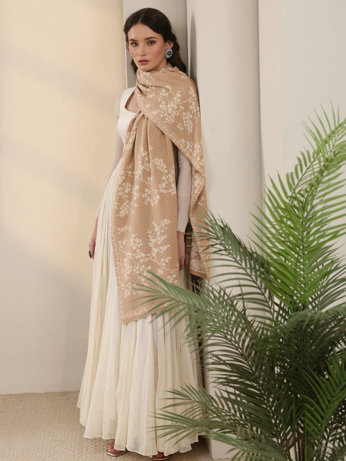 Mameraa Beige Floral Mesh Knitted Acrylic Wrap Shawl