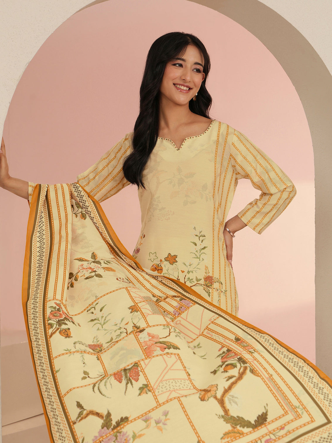 Mameraa Beige Floral Print Silk Blend Straight Suit Set
