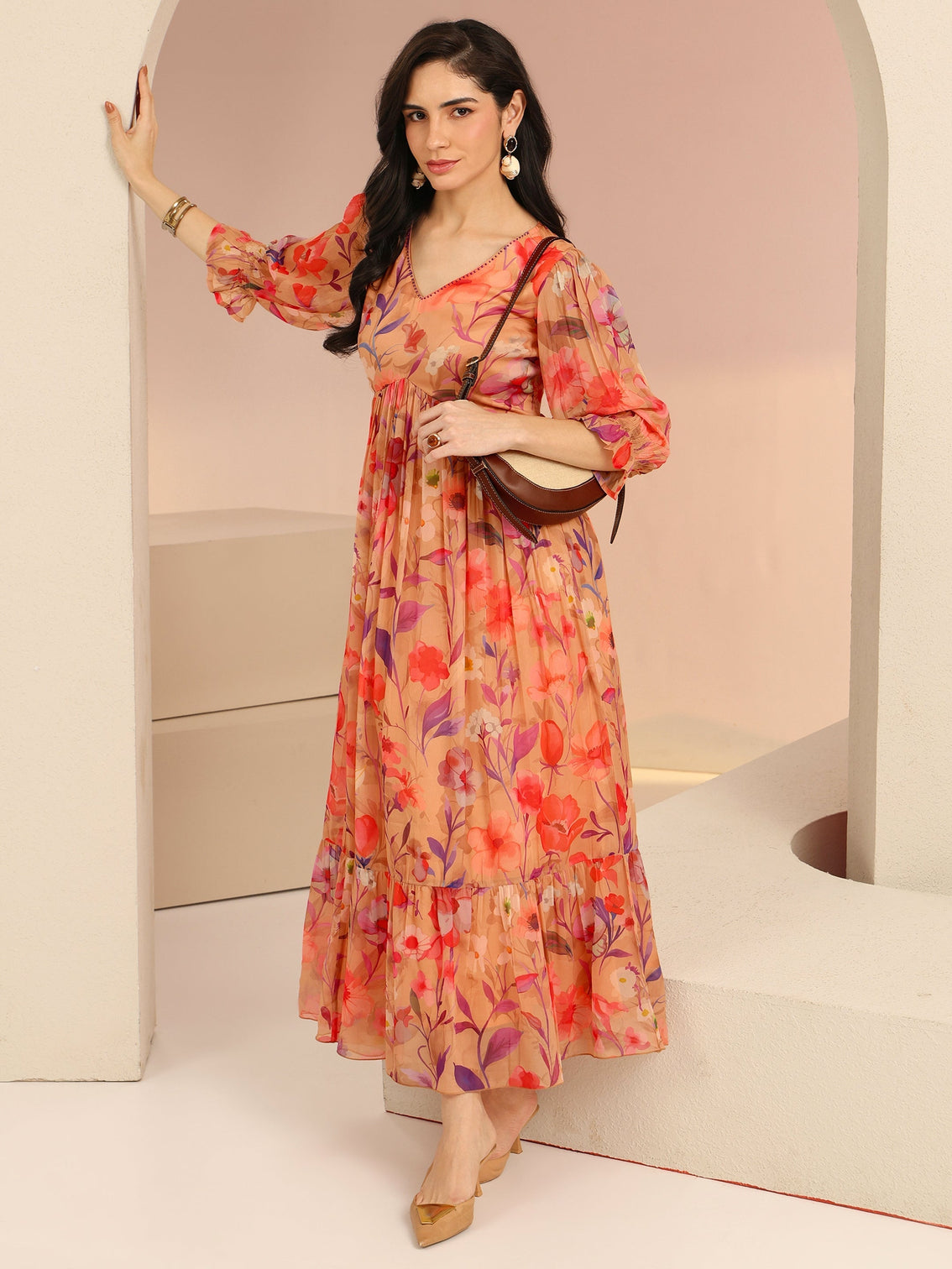 Mameraa Beige Floral Printed Chiffon Empire Dress