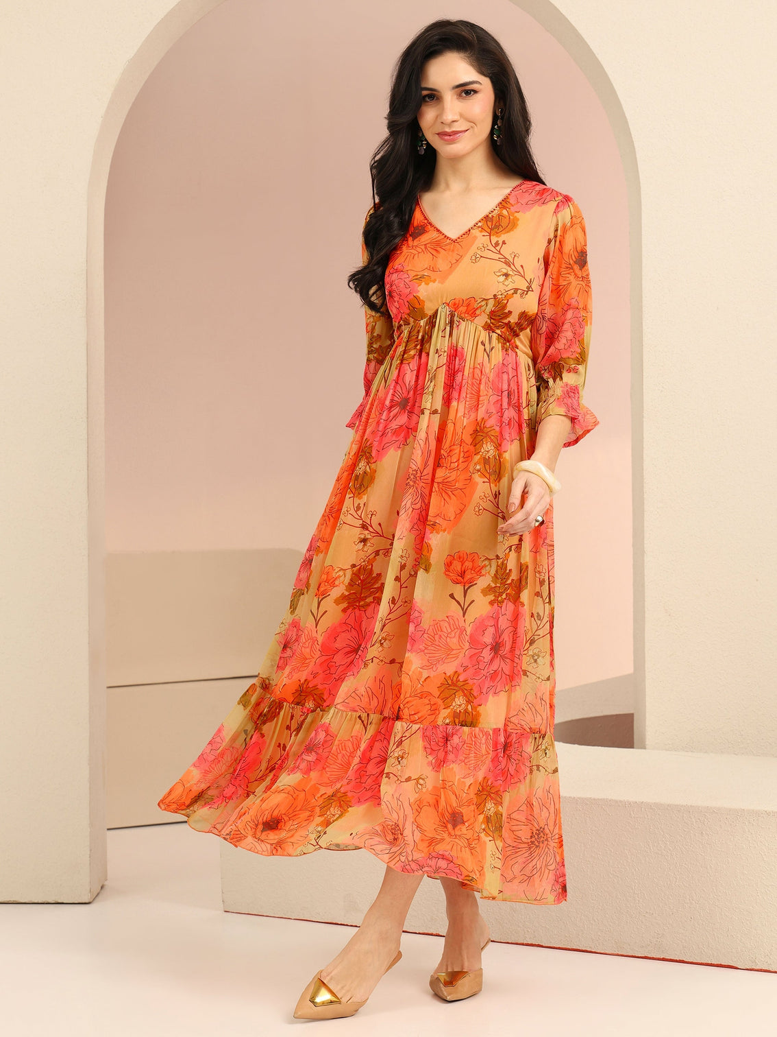 Mameraa Beige Floral Printed Chiffon Empire Dress