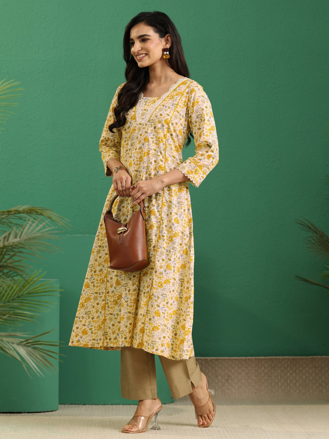 Mameraa Beige Floral Printed Cotton A-Line Kurta