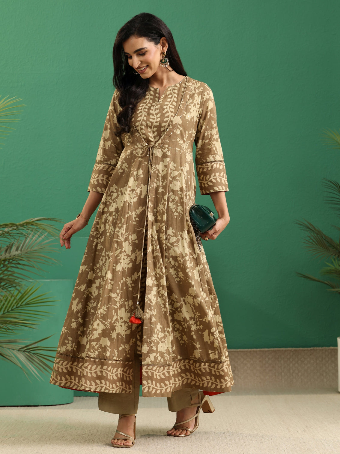 Mameraa Beige Floral Printed Cotton Kurta Set with Long Jacket