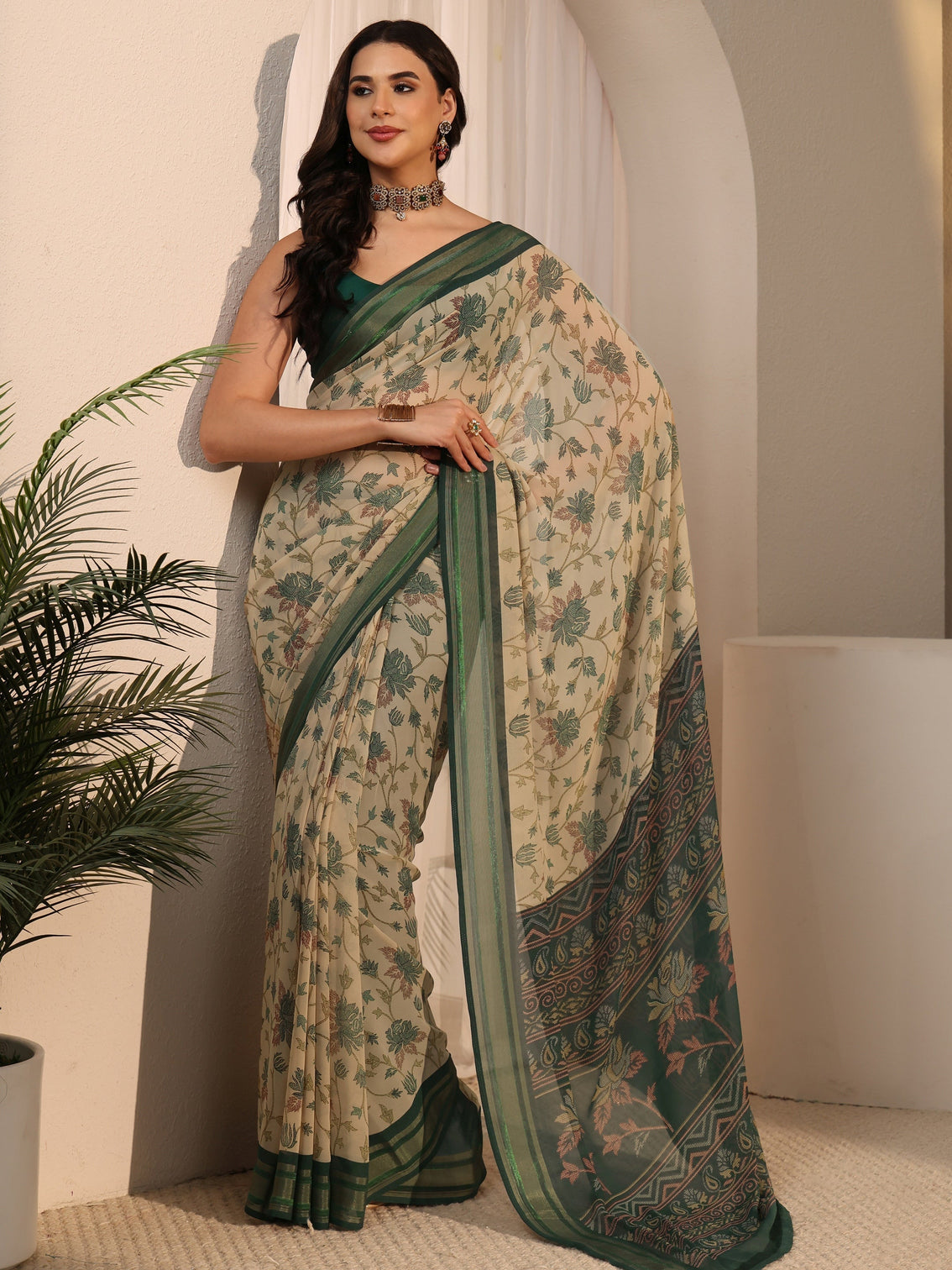 Mameraa Beige Floral Printed Silk Blend Saree