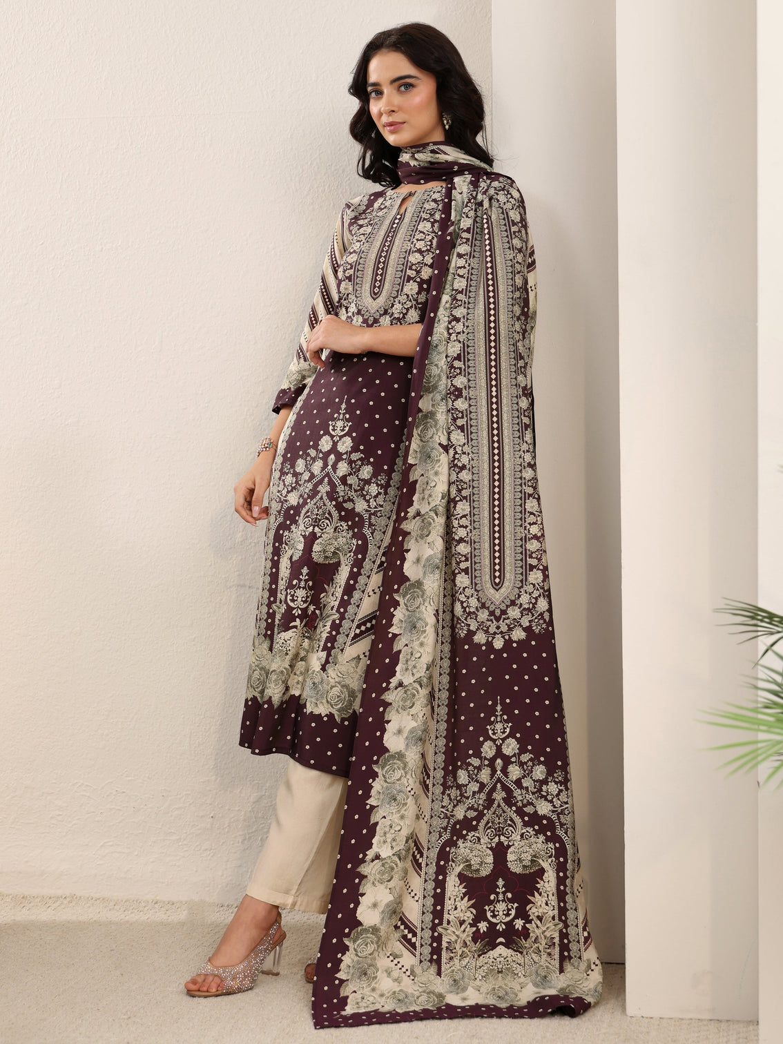 Mameraa Beige Floral Printed Silk Blend Straight Suit Set