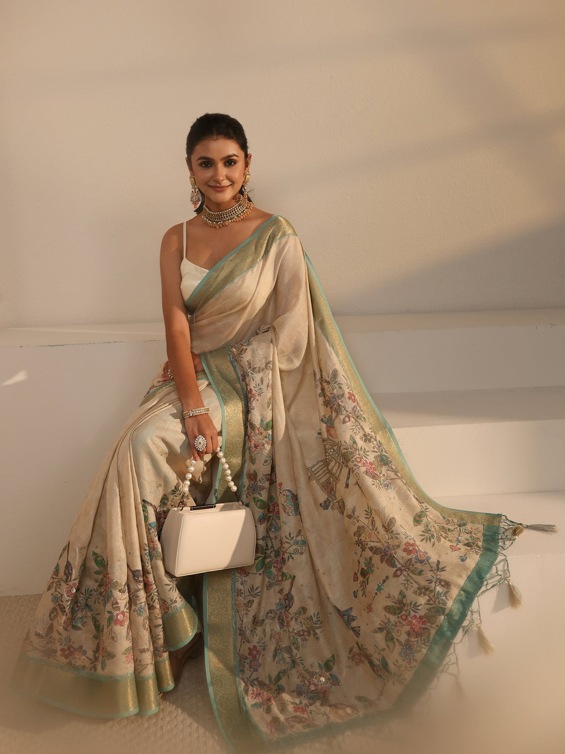 Mameraa Beige Floral Printed Silk Blend Tassel Saree with Woven Border