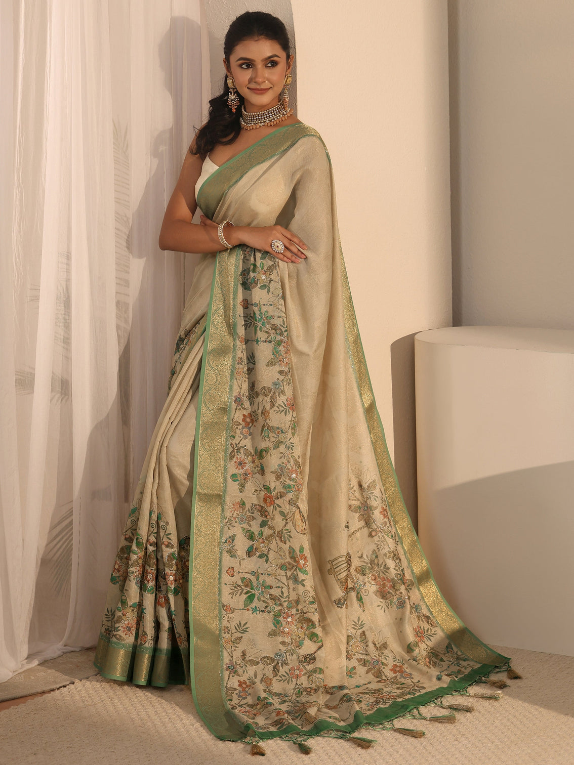 Mameraa Beige Floral Printed Silk Blend Tassel Saree with Woven Border