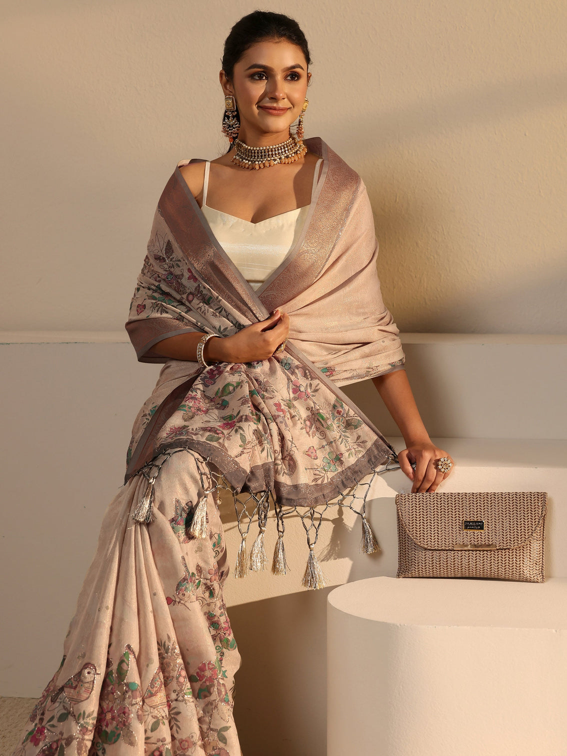 Mameraa Beige Floral Printed Silk Blend Tassel Saree with Woven Border - Mameraa