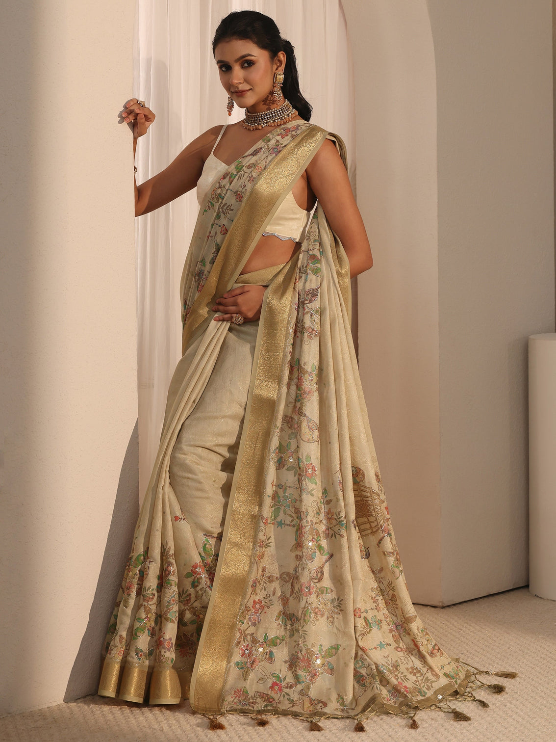 Mameraa Beige Floral Printed Silk Blend Tassel Saree with Woven Border