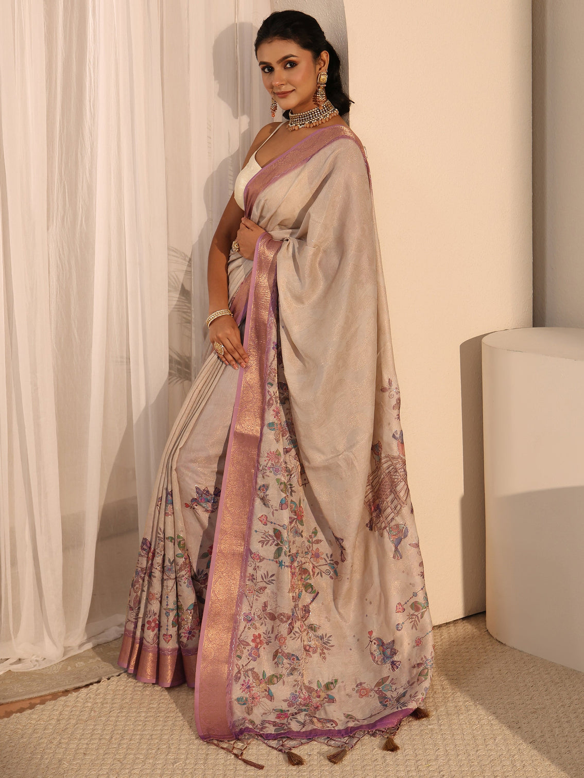 Mameraa Beige Floral Printed Silk Blend Tassel Saree with Woven Border