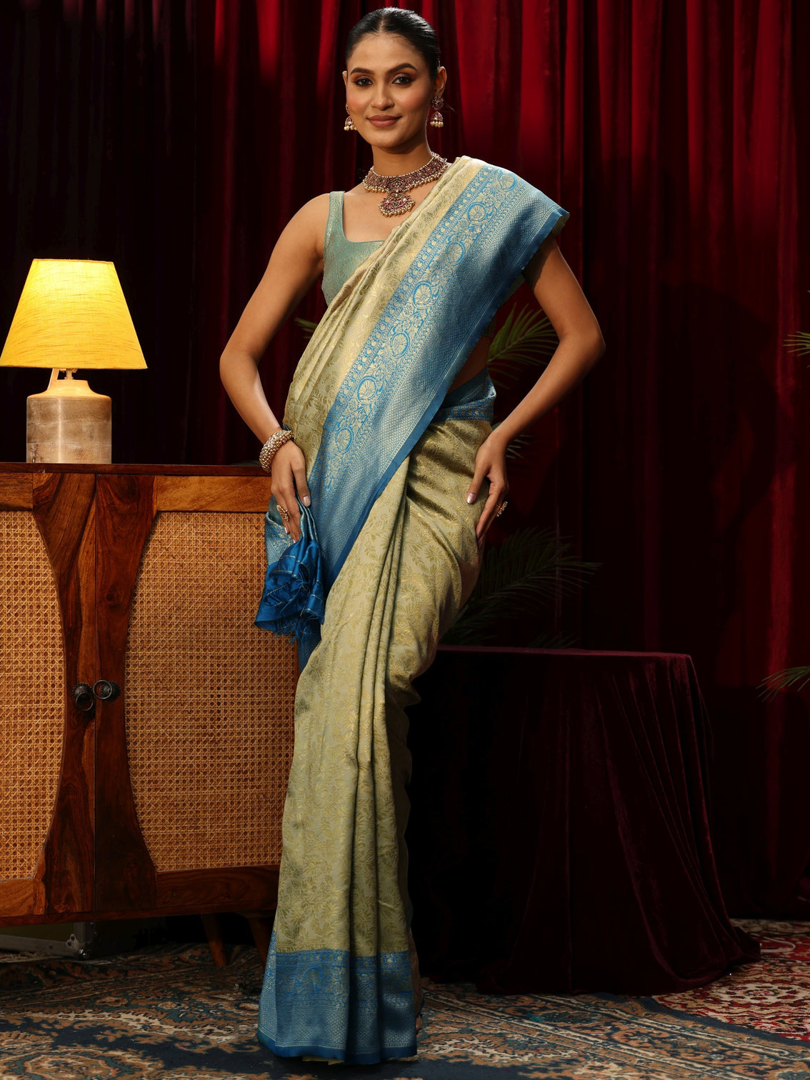 Mameraa Beige Floral Woven Design Silk Blend Saree