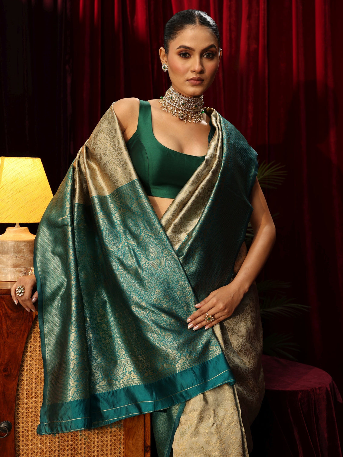 Mameraa Beige Floral Woven Design Silk Blend Saree
