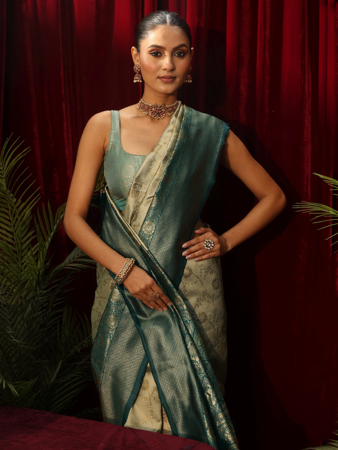 Mameraa Beige Floral Woven Design Silk Blend Saree