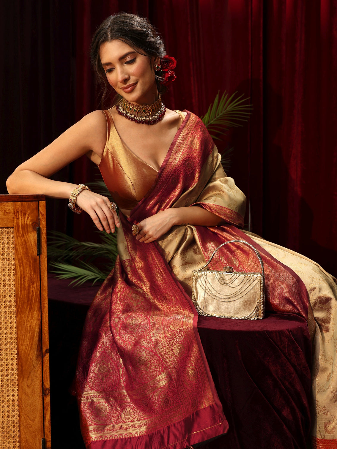 Mameraa Beige Floral Woven Design Silk Blend Saree