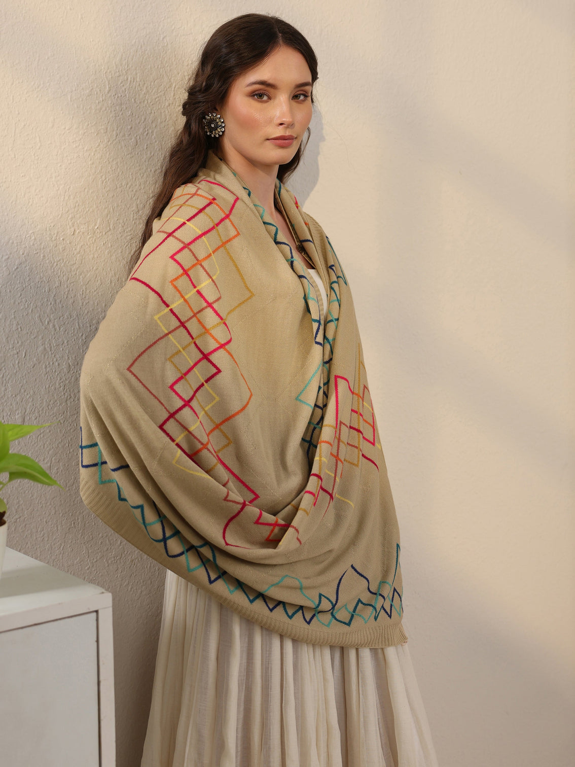 Mameraa Beige Geometric Embroidered Acrylic Wrap Shawl