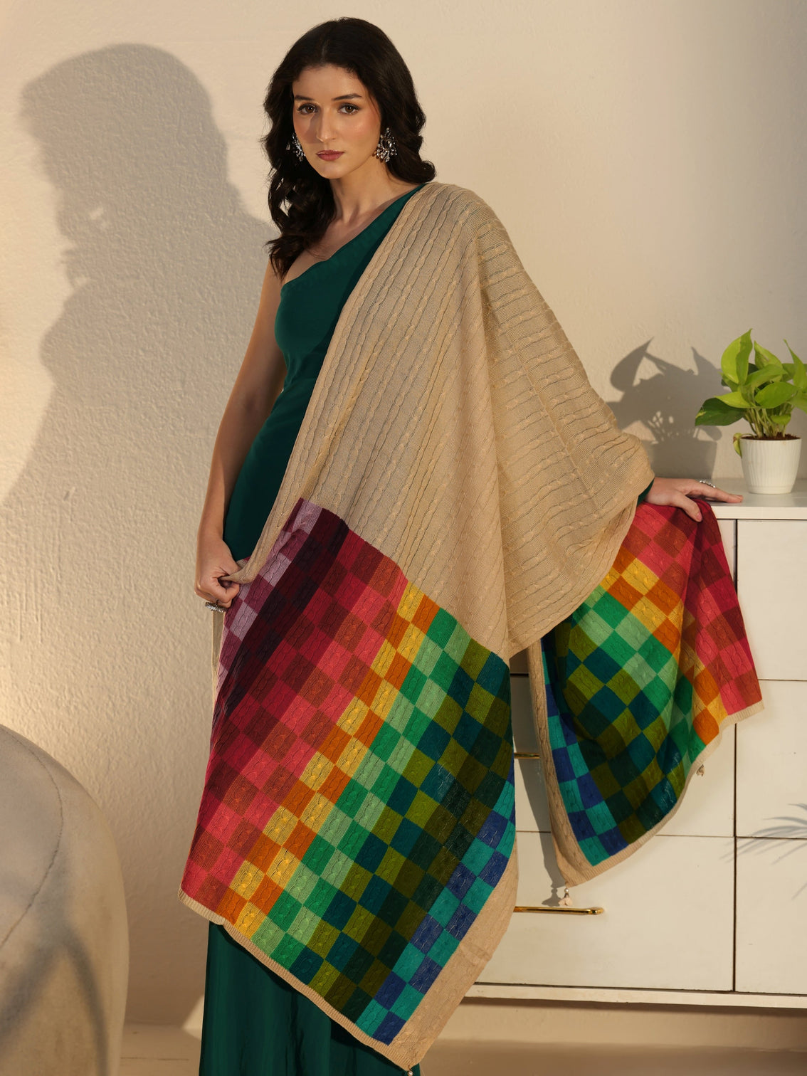 Mameraa Beige Geometric Knitted Acrylic Shawl