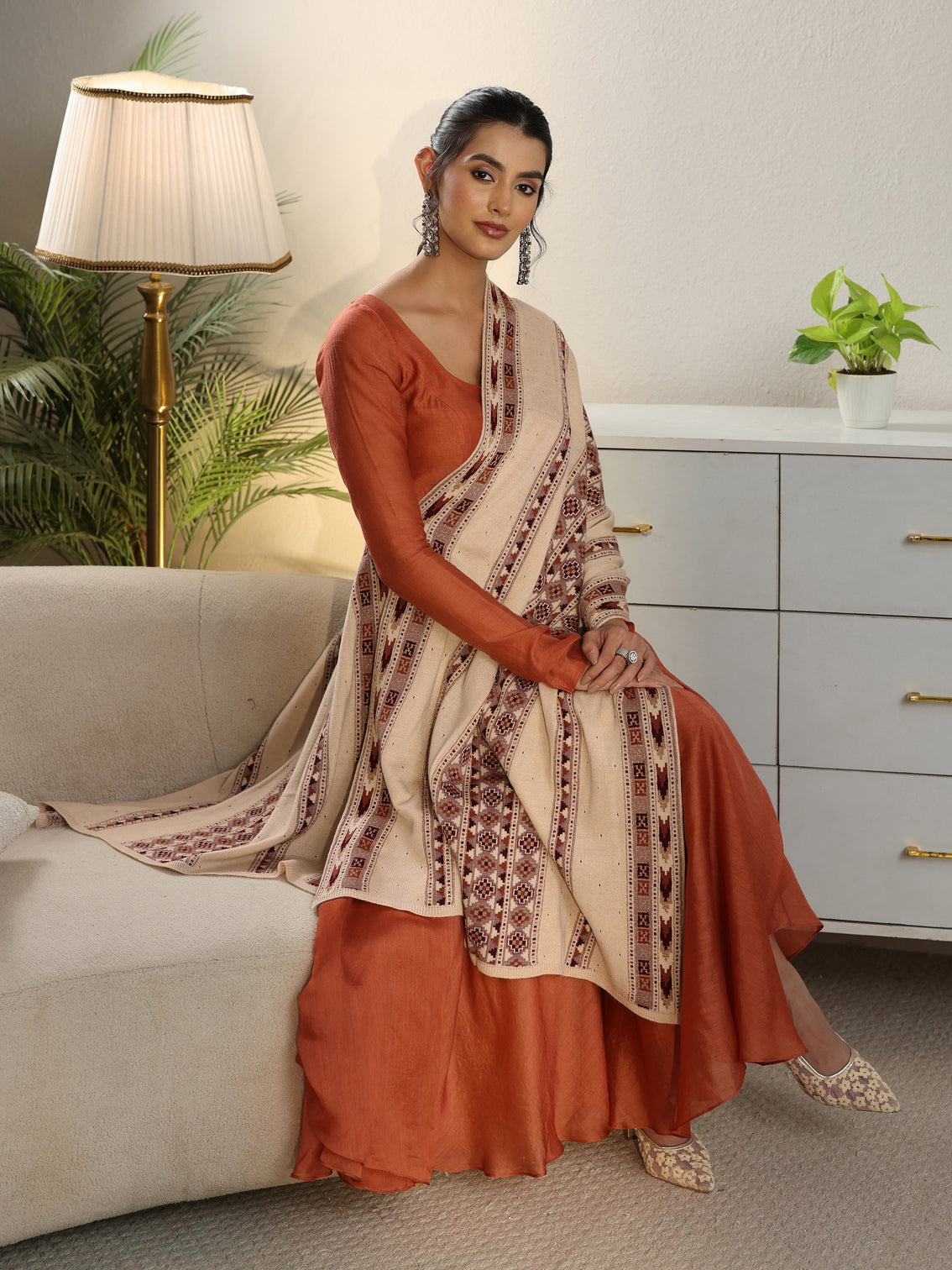 Mameraa Beige Geometric Knitted Acrylic Wrap Shawl