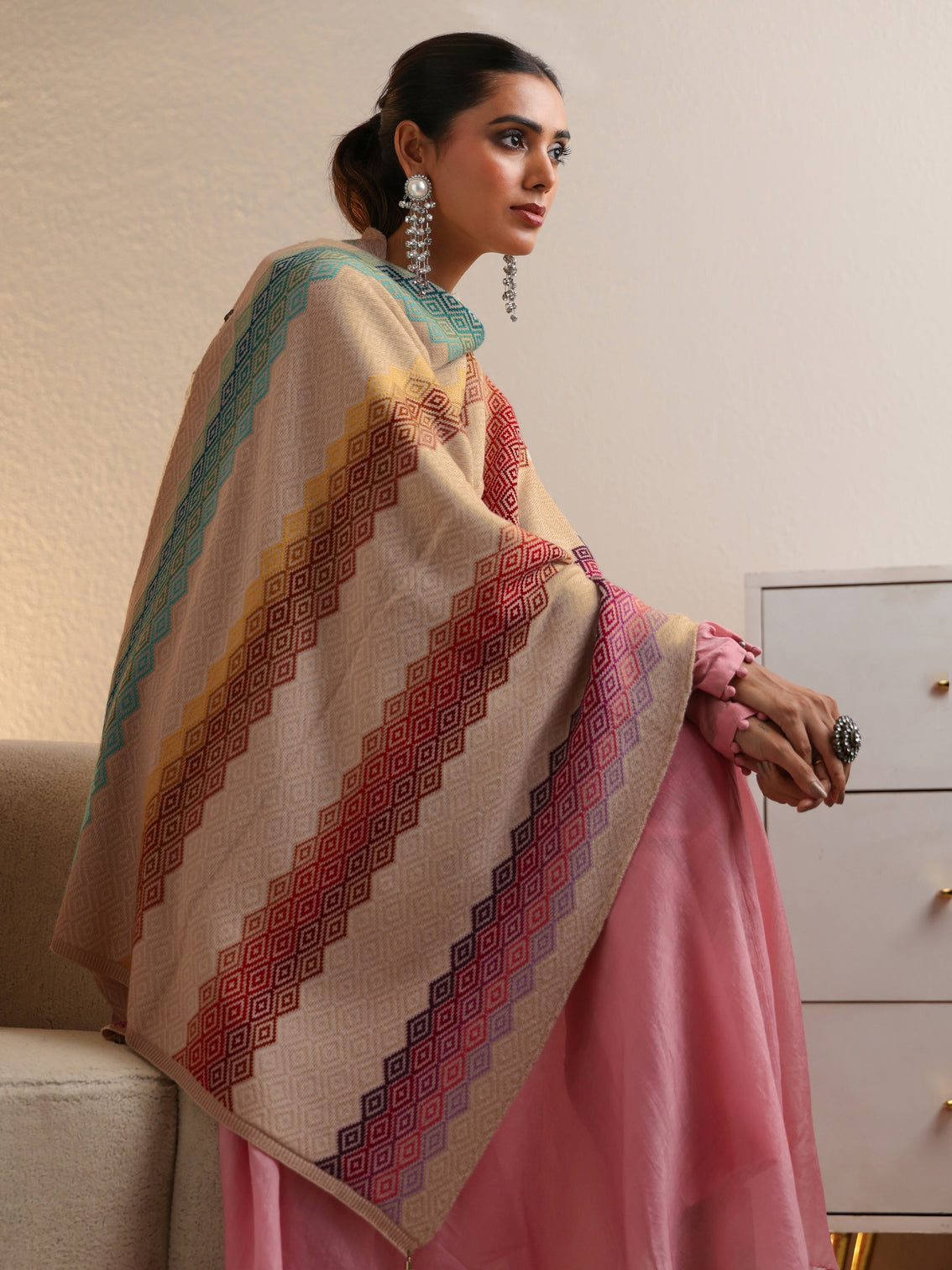 Mameraa Beige Geometric Knitted Acrylic Wrap Shawl