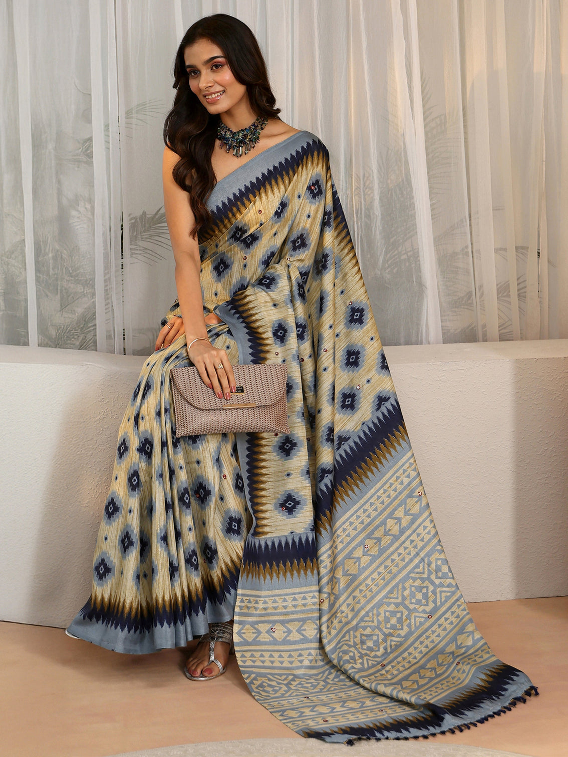 Mameraa Beige Ikat Printed Cotton Blend Saree