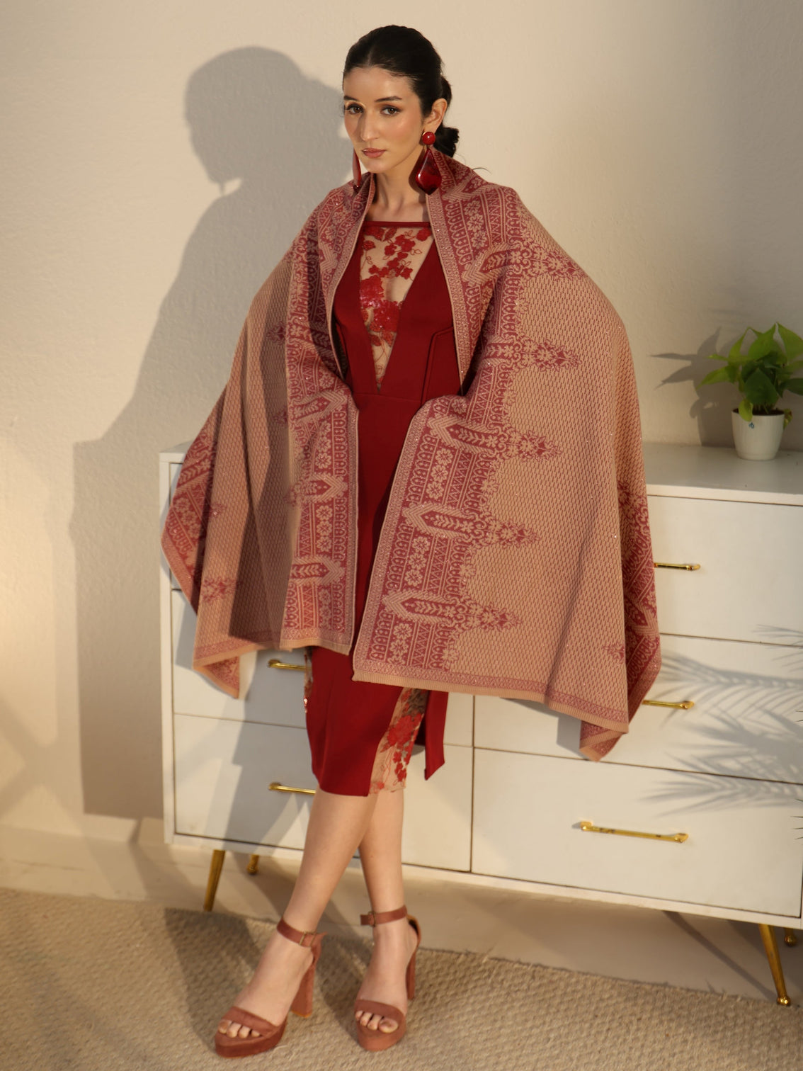 Mameraa Beige Knitted Acrylic Wrap Shawl
