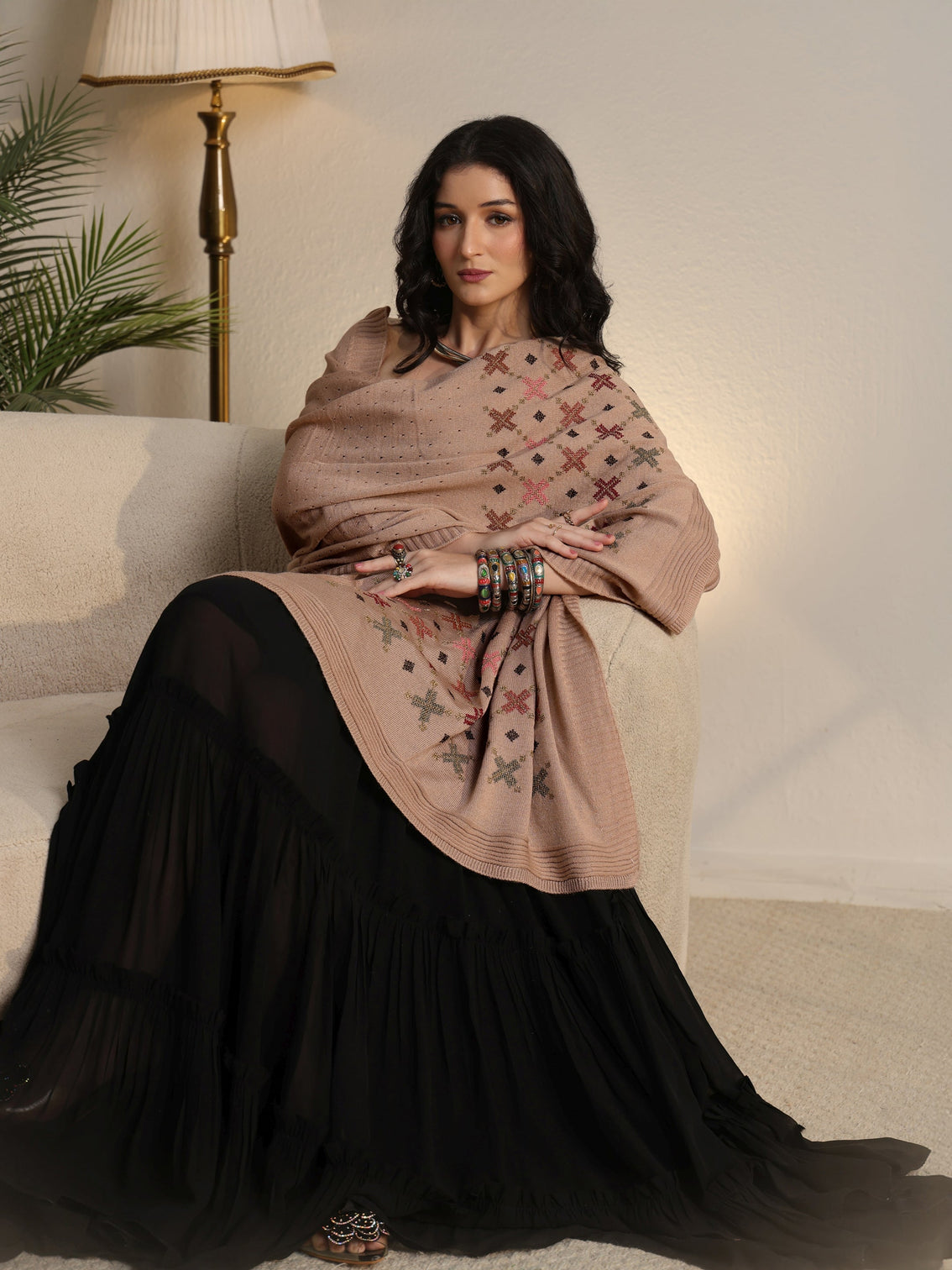 Mameraa Beige Knitted Acrylic Wrap Shawl