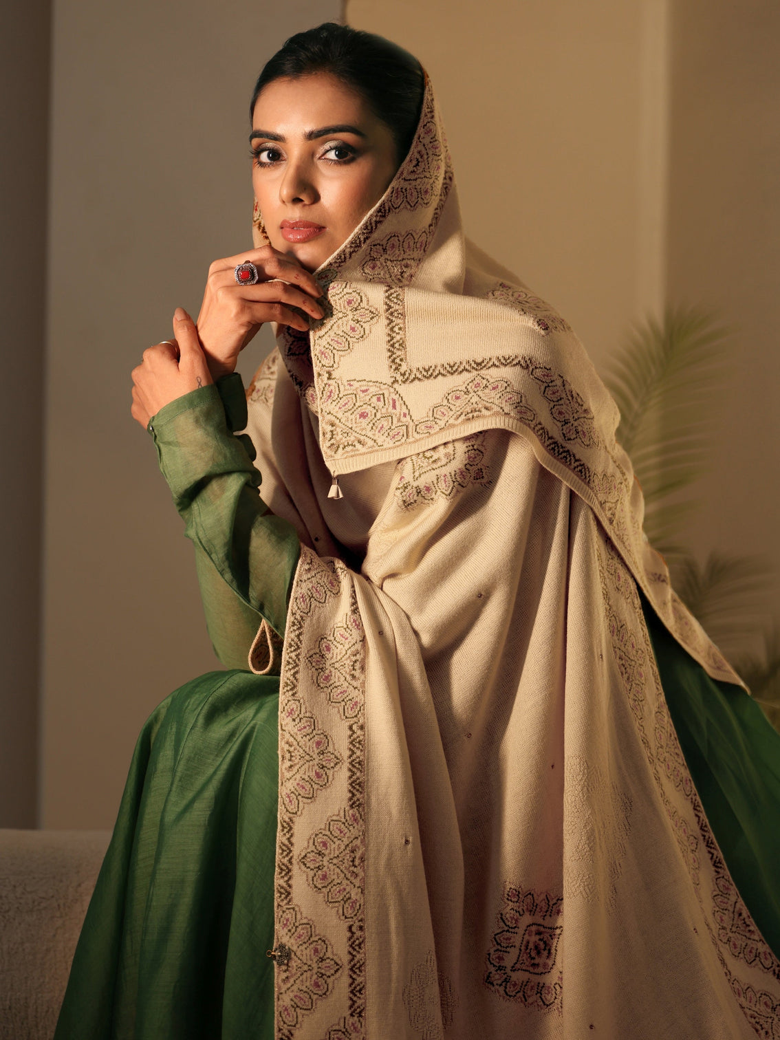 Mameraa Beige Knitted Acrylic Wrap Shawl