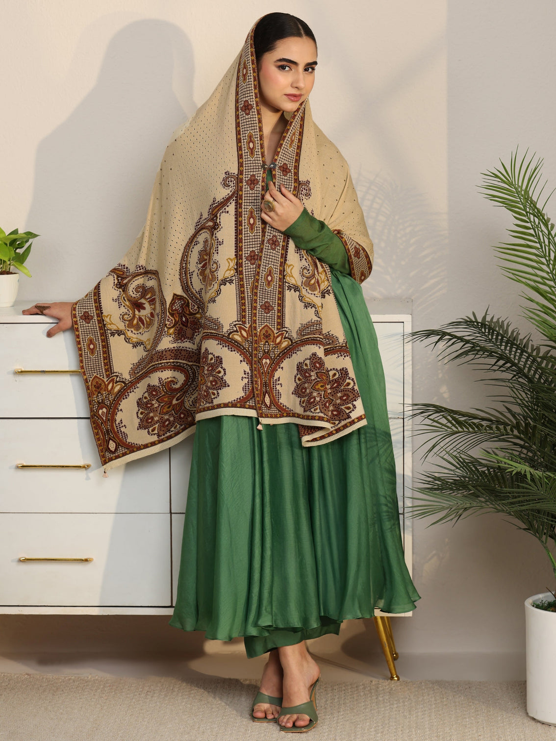 Mameraa Beige Knitted Acrylic Wrap Shawl