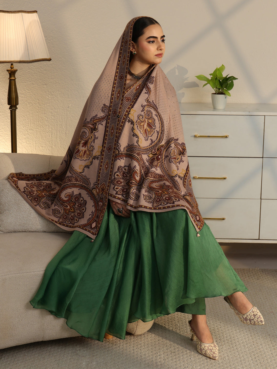 Mameraa Beige Knitted Acrylic Wrap Shawl