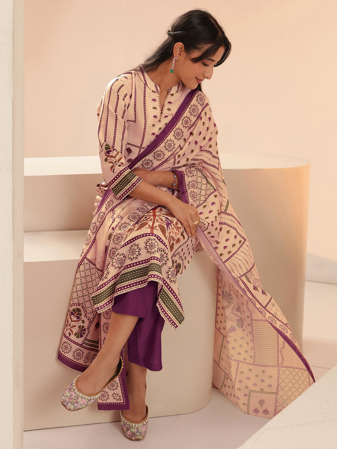 Mameraa Beige Mughal Floral Printed Silk Blend Straight Suit Set