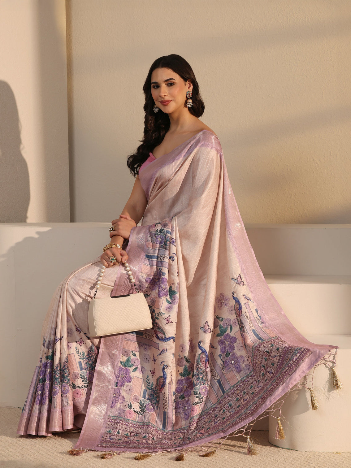 Mameraa Beige Peacock Silk Blend Tassel Saree with Woven Border