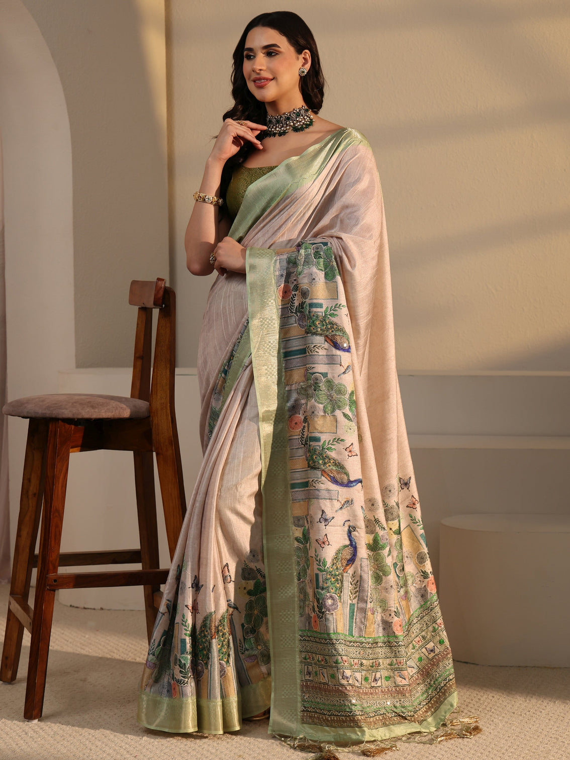 Mameraa Beige Peacock Silk Blend Tassel Saree with Woven Border