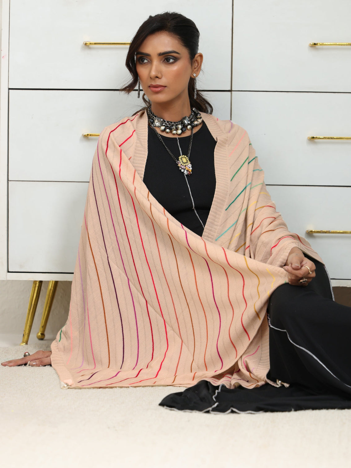 Mameraa Beige Striped Knitted Acrylic Shawl