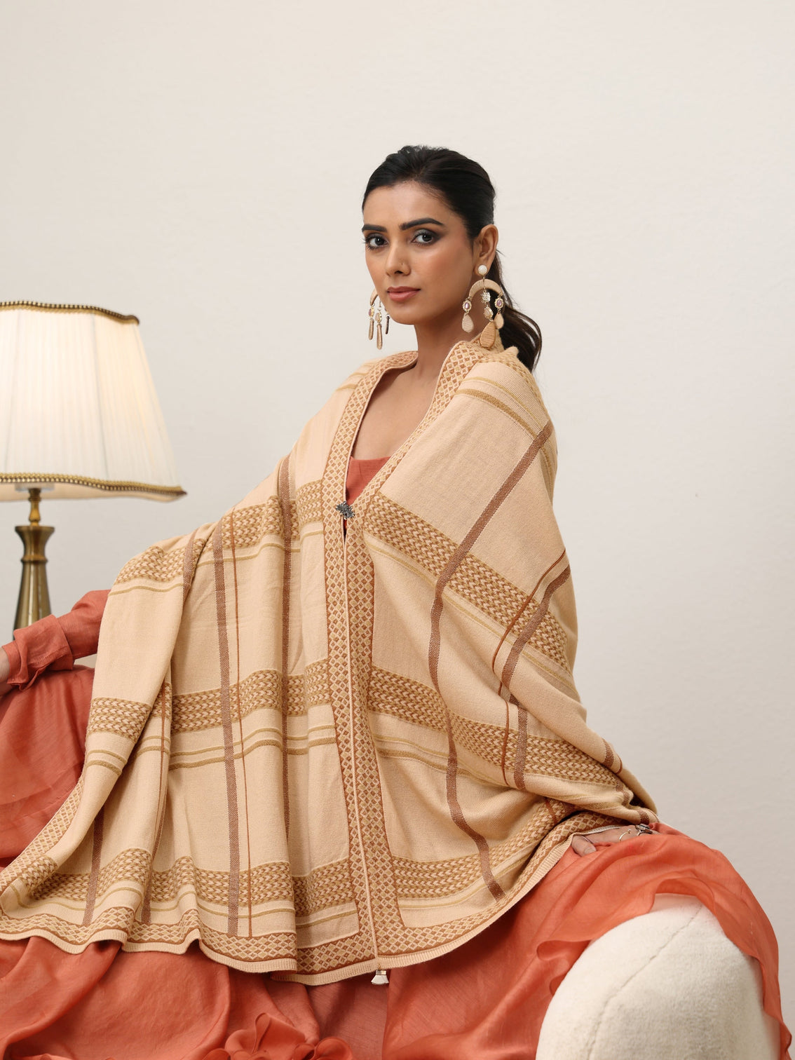 Mameraa Beige Striped Knitted Acrylic Wrap Shawl