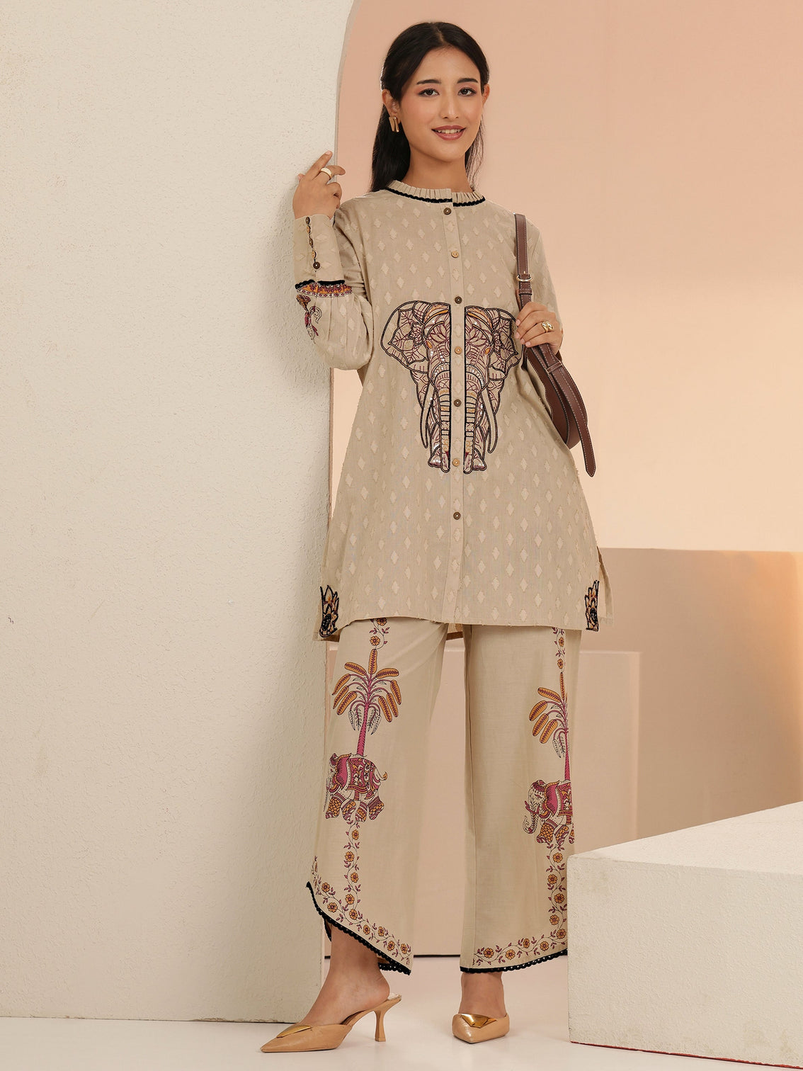 Mameraa Beige Tribal Woven Design Cotton Blend A-Line Co-Ord Set