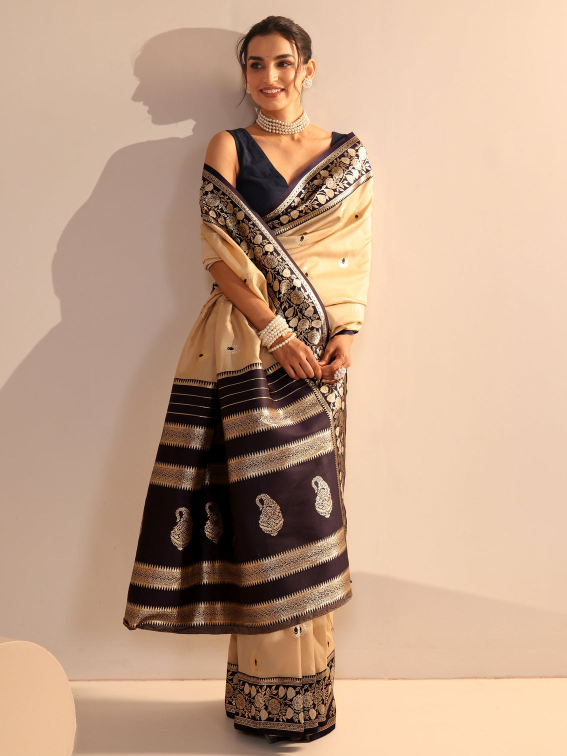 Mameraa Beige Woven Design Silk Blend Saree