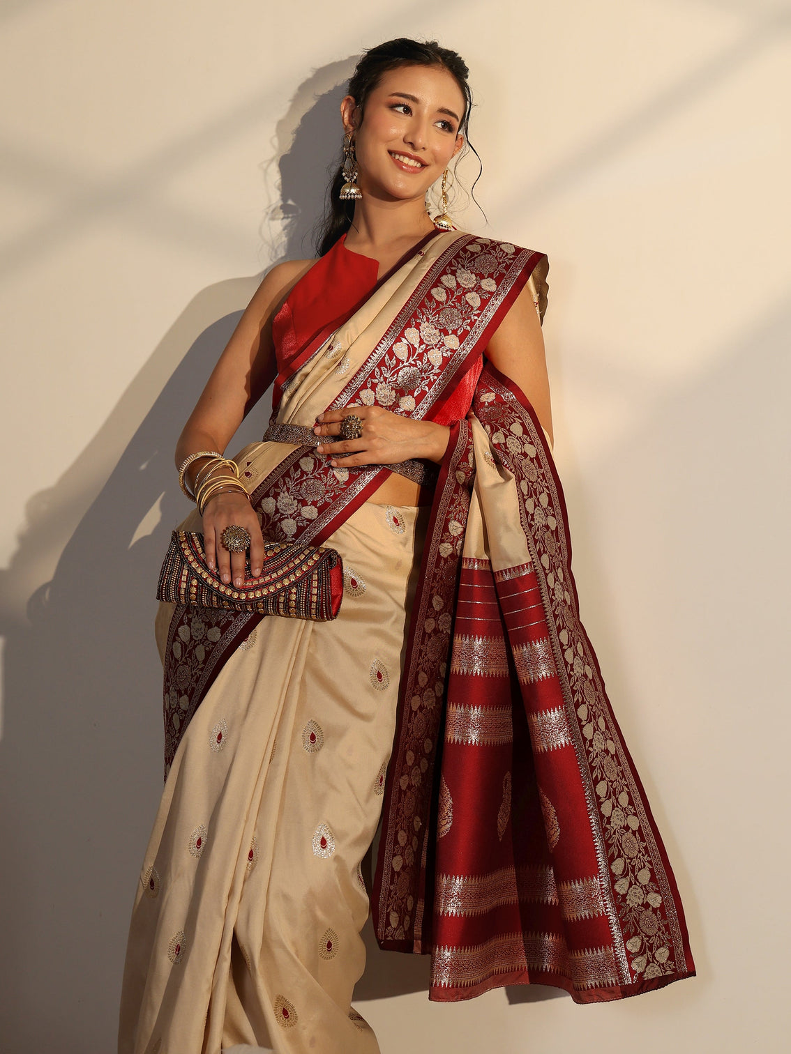 Mameraa Beige Woven Design Silk Blend Saree