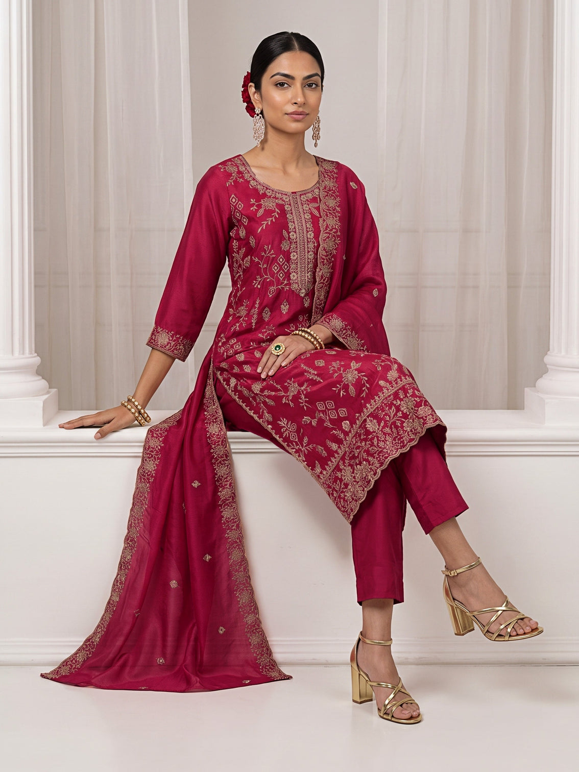 Mameraa Berry Pink Floral Embroidered Silk Blend Straight Suit Set