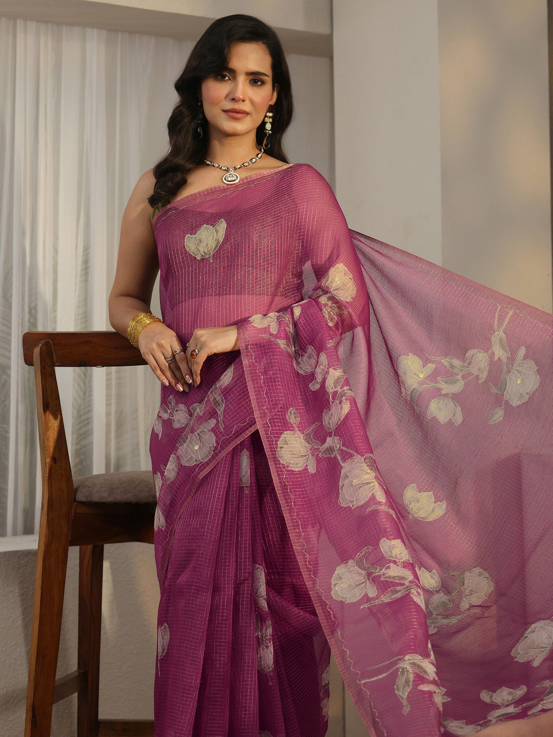 Mameraa Berry Purple Floral Printed Silk Blend Saree